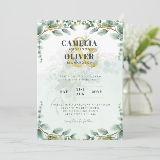 LeahG Greenery Eucalyptus Gold Wedding Invite QR C Kaart (Staand voorkant)