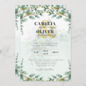 LeahG Greenery Eucalyptus Gold Wedding Invite QR C Kaart (Voorkant / Achterkant)
