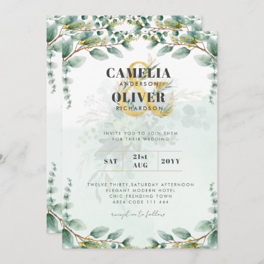 LeahG Greenery Eucalyptus Gold Wedding Invite QR C Kaart (Voorkant / Achterkant)