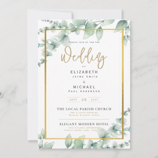 LeahG Greenery Gold PHOTO Wedding Invite Kaart (Voorkant)