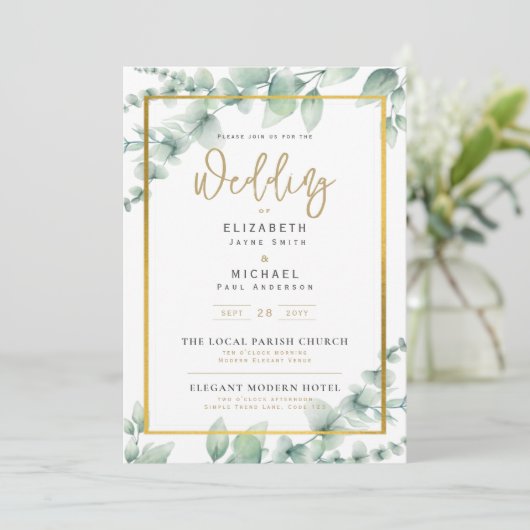 LeahG Greenery Gold PHOTO Wedding Invite Kaart (Staand voorkant)