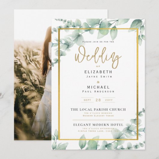 LeahG Greenery Gold PHOTO Wedding Invite Kaart (Voorkant / Achterkant)