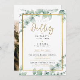 LeahG Greenery Gold PHOTO Wedding Invite Kaart