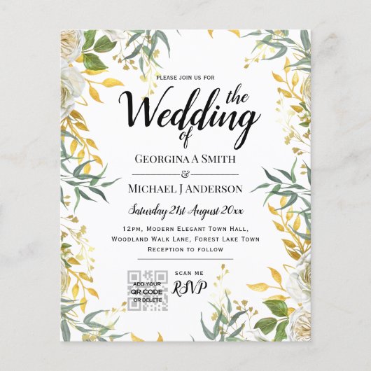 LeahG Greenery Gold Wedding QR CODE RSVP INVITE Flyer (Voorkant)