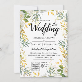 LeahG Greenery Gold Wedding QR CODE RSVP INVITE Kaart