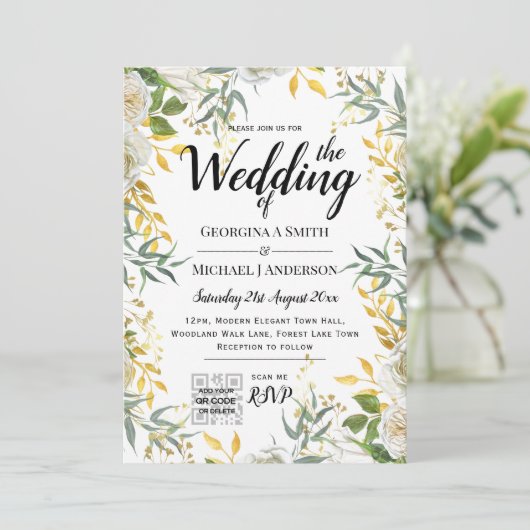 LeahG Greenery Gold Wedding QR CODE RSVP INVITE Kaart (Staand voorkant)
