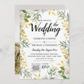 LeahG Greenery Gold Wedding QR CODE RSVP INVITE Kaart (Voorkant / Achterkant)