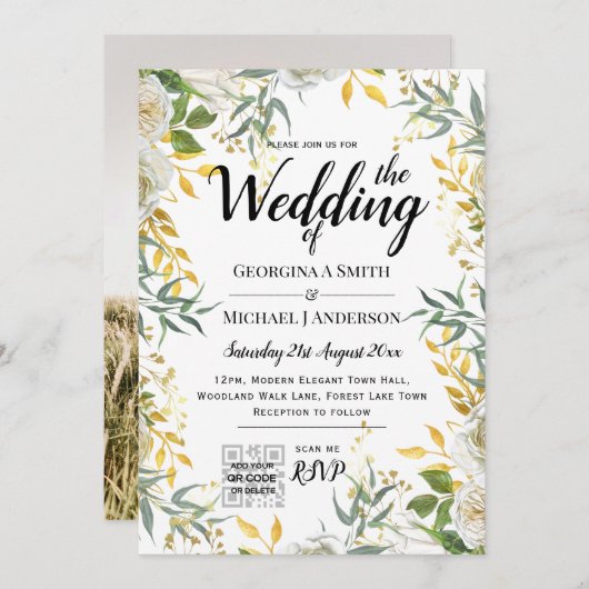 LeahG Greenery Gold Wedding QR CODE RSVP INVITE Kaart (Voorkant / Achterkant)