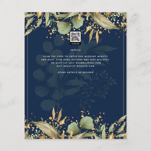 LeahG Greenery Leaves Blue Gold Wedding Invite Flyer (Achterkant)