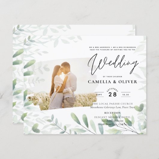 LeahG Greenery Leaves PHOTO OVERLAY Wedding Invive (Voorkant / Achterkant)