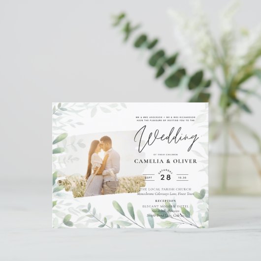 LeahG Greenery Leaves PHOTO OVERLAY Wedding Invive (Staand voorkant)