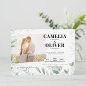 LeahG Greenery Leaves PHOTO OVERLAY Wedding Invive Kaart (Staand voorkant)