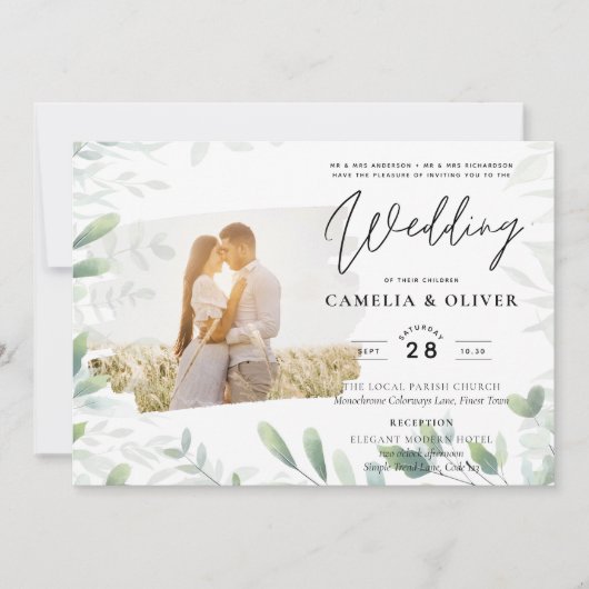 LeahG Greenery Leaves PHOTO OVERLAY Wedding Invive Kaart (Voorkant)