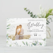 LeahG Greenery Leaves PHOTO OVERLAY Wedding Invive Kaart (Staand voorkant)