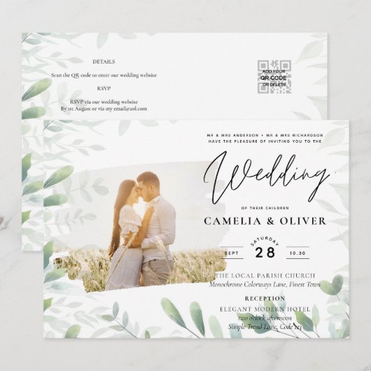 LeahG Greenery Leaves PHOTO OVERLAY Wedding Invive Kaart (Voorkant / Achterkant)