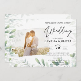 LeahG Greenery Leaves PHOTO OVERLAY Wedding Invive Kaart