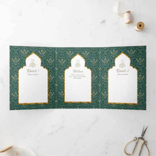 LeahG Groen Goud Islamitische Moslim Bruiloft Uitn Drieluik Uitnodiging (Binnen)