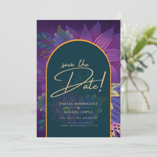 LeahG Groen Paars Goud JEWEL TONES Trouw UITNODIGI Kaart (Staand voorkant)