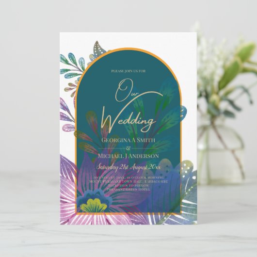 LeahG Groen Paars Goud JEWEL TONES Trouw UITNODIGI Kaart (Staand voorkant)