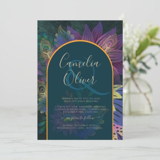 LeahG Groen Paars Goud JEWEL TONES Trouw UITNODIGI Kaart (Staand voorkant)