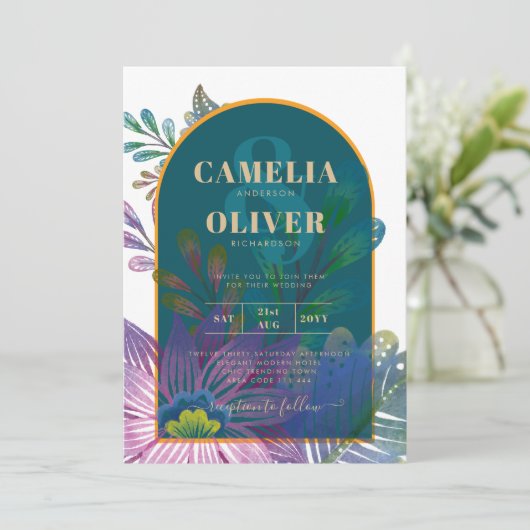 LeahG Groen Paars Goud JEWEL TONES Trouw UITNODIGI Kaart (Staand voorkant)