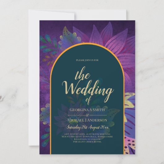 LeahG Groen Paars Goud JEWEL TONES Trouw UITNODIGI Kaart (Voorkant)