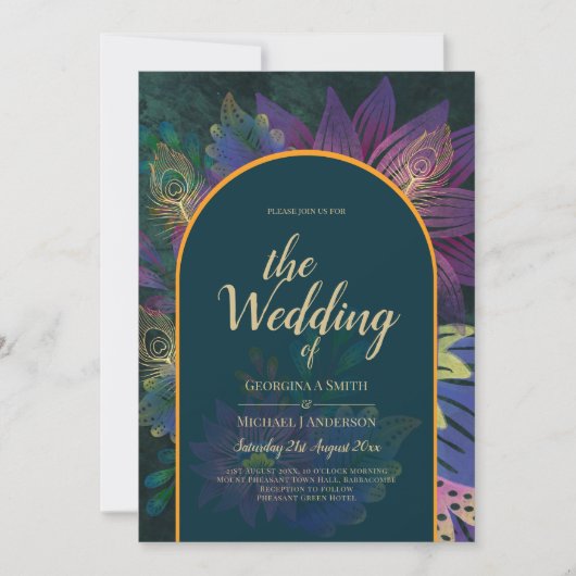 LeahG Groen Paars Goud JEWEL TONES Trouw UITNODIGI Kaart (Voorkant)