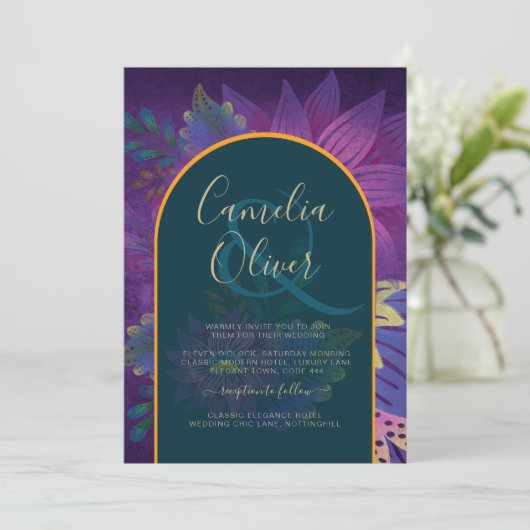 LeahG Groen Paars Goud JEWEL TONES Trouw UITNODIGI Kaart (Staand voorkant)