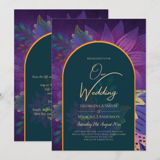 LeahG Groen Paars Goud JEWEL TONES Trouw UITNODIGI Kaart (Voorkant / Achterkant)