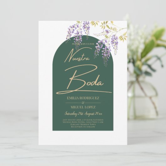 LeahG Groen Paars Goud WISTERIA Huwelijks UITNODIG Kaart (Staand voorkant)