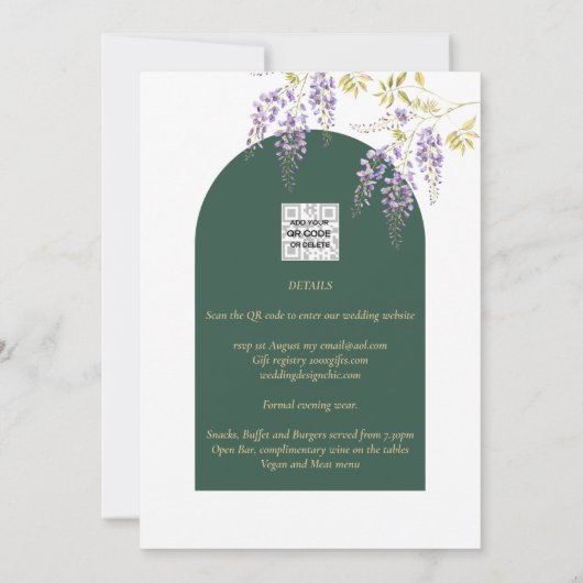 LeahG Groen Paars Goud WISTERIA Huwelijks UITNODIG Kaart (Achterkant)