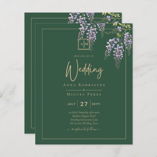LeahG Groen Paarse WISTERIA Trouw UITNODIGING (Voorkant / Achterkant)
