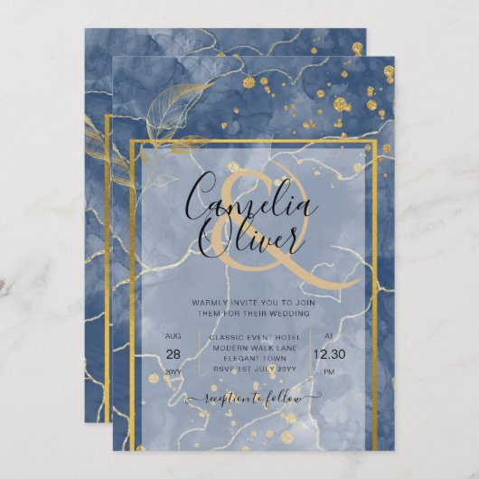 LeahG INK Navy Blauw Goud Bruiloft Kaart (Voorkant / Achterkant)