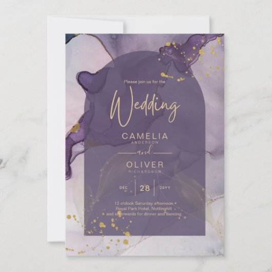 LeahG Ink Ombre Paars Lavender Gold Wedding Kaart (Voorkant)