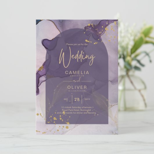 LeahG Ink Ombre Paars Lavender Gold Wedding Kaart (Staand voorkant)