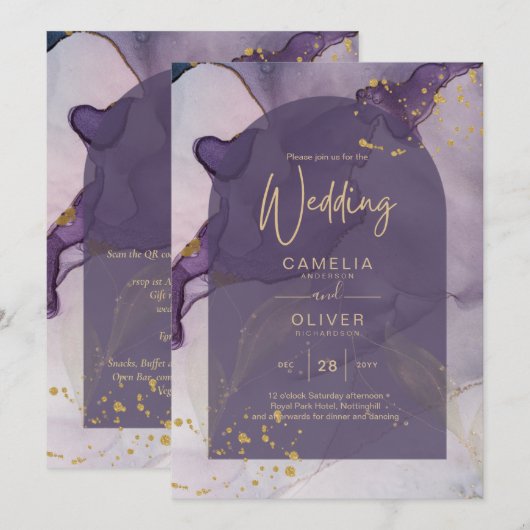 LeahG Ink Ombre Paars Lavender Gold Wedding Kaart (Voorkant / Achterkant)