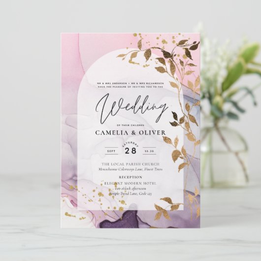 LeahG Ink Ombre Paars Pink Pink Gold Wedding Kaart (Staand voorkant)