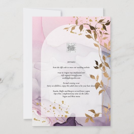 LeahG Ink Ombre Paars Pink Pink Gold Wedding Kaart (Achterkant)