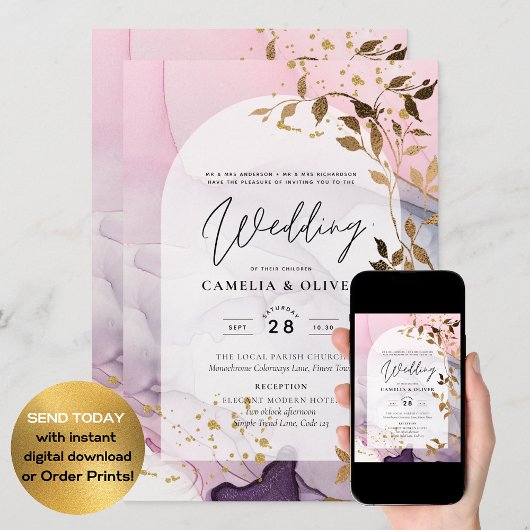LeahG Ink Ombre Paars Pink Pink Gold Wedding Kaart