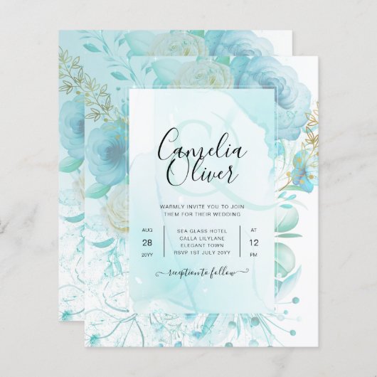 LeahG INK Zee Glas Turkoois Aqua Abstract UITNODIG (Voorkant / Achterkant)