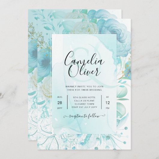 LeahG INK Zee Glas Turquoise Aqua Abstract UITNODI Kaart (Voorkant / Achterkant)