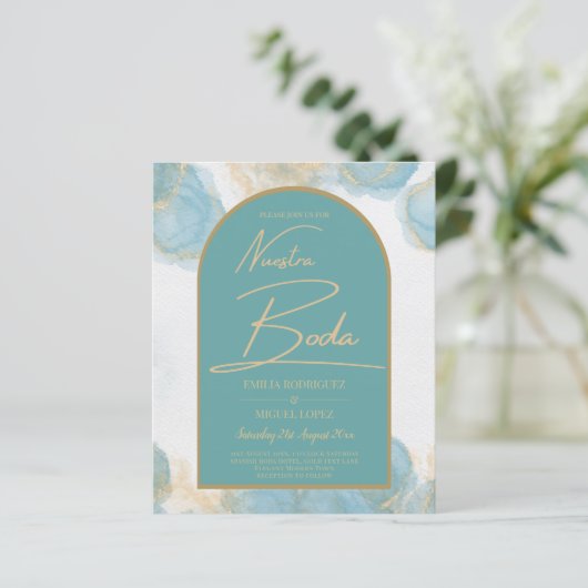 LeahG INK Zee Glas Turquoise Groen Goud UITNODIGIN (Staand voorkant)