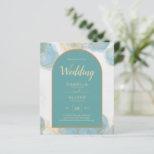 LeahG INK Zee Glas Turquoise Groen Goud UITNODIGIN (Staand voorkant)