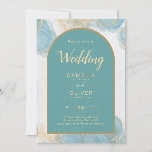 LeahG INK Zee Glas Turquoise Groen Goud UITNODIGIN Kaart (Voorkant)