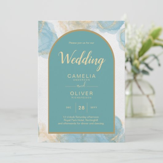 LeahG INK Zee Glas Turquoise Groen Goud UITNODIGIN Kaart (Staand voorkant)