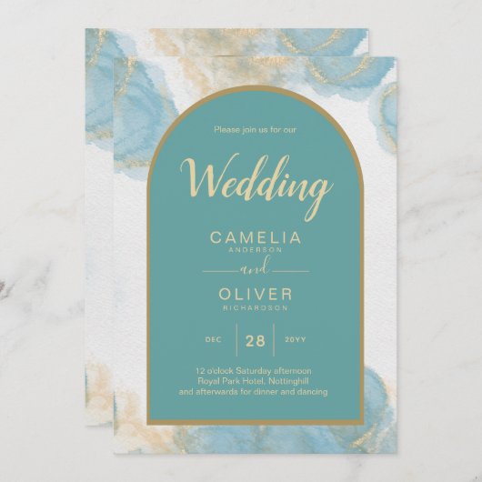 LeahG INK Zee Glas Turquoise Groen Goud UITNODIGIN Kaart (Voorkant / Achterkant)