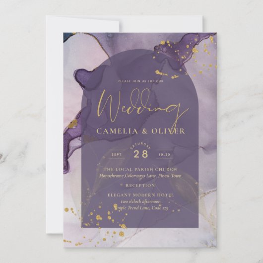 LeahG Inkt Ombre Paars Lavendel Goud Bruiloft Kaart (Voorkant)