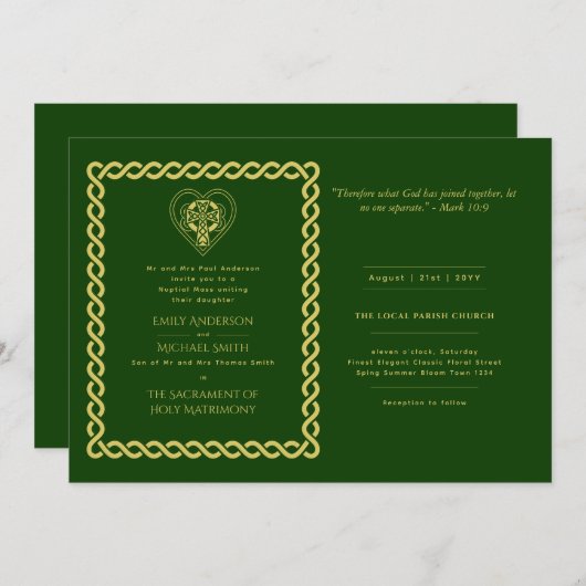 LeahG Keltisch Kruis Groen Goud Katholieke Trouwri Kaart (Voorkant / Achterkant)