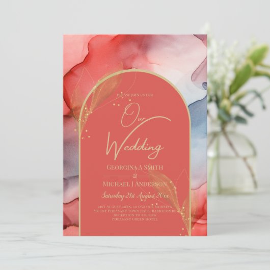 LeahG Koraal Navy Blauw Goud INK Trouw UITNODIGING (Staand voorkant)