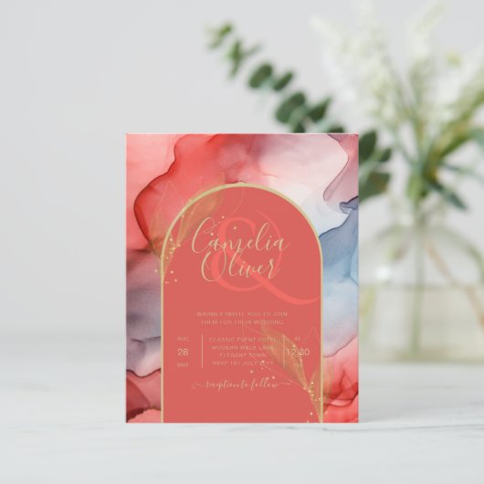 LeahG Koraal Navy Blauwe Gouden INK Trouw UITNODIG (Staand voorkant)